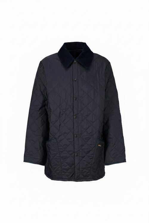 Men's Barbour Liddesdale jacket in dark navy, quilted, button-up with stand collar.