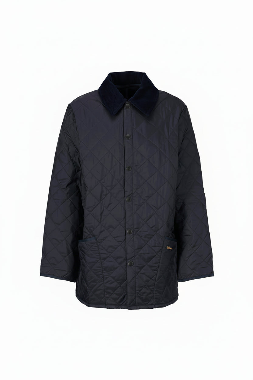 Men's Barbour Liddesdale jacket in dark navy, quilted, button-up with stand collar.