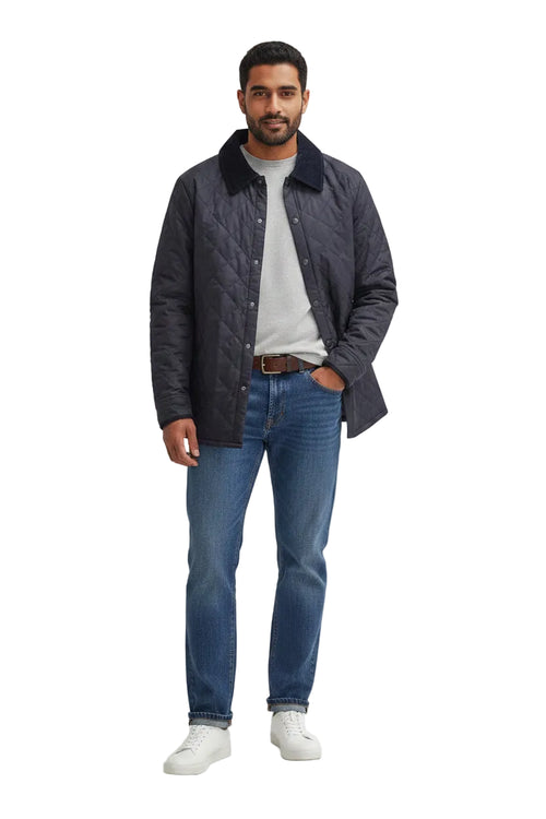 Men's Barbour Liddesdale jacket, dark navy quilted style with button front and collar.