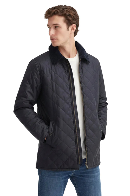 Men's Barbour Liddesdale jacket in dark navy, quilted, front zip detail and stand collar.