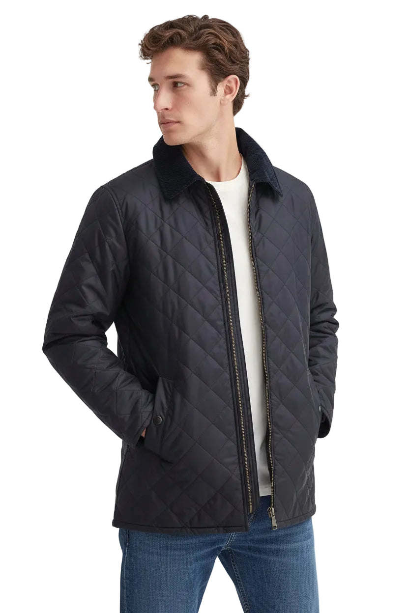 Men's Barbour Liddesdale jacket in dark navy, quilted, front zip detail and stand collar.