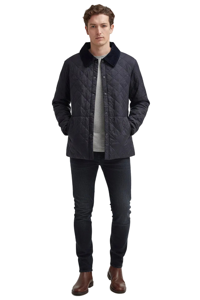 Men's Barbour Liddesdale jacket, dark navy quilted with stand collar and button front.