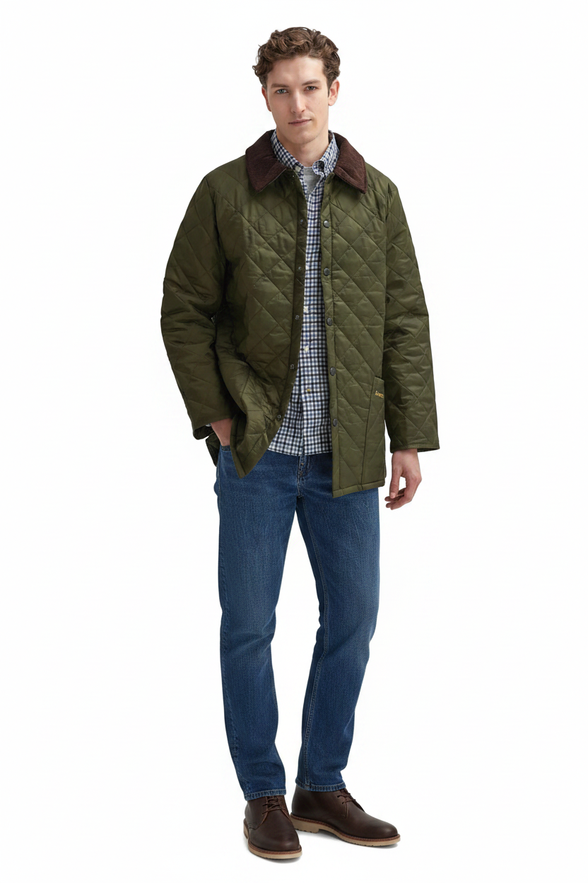 Men's Barbour olive quilted jacket full front view