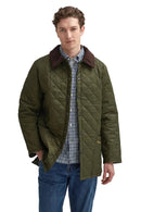 Men's Barbour olive quilted jacket with brown collar and button front