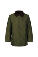 Men's olive quilted jacket with brown collared neckline and button front