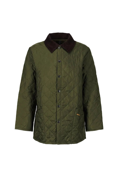 Men's olive quilted jacket with brown collared neckline and button front