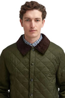 Men's Barbour olive quilted jacket close-up with brown collar and buttons