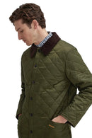 Men's olive quilted jacket with brown collar, side button detail