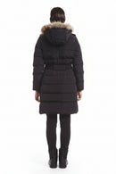 Women’s dark puffer duck down coat, back view, hood with faux fur trim