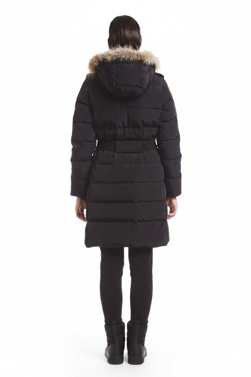 Women’s dark puffer duck down coat, back view, hood with faux fur trim