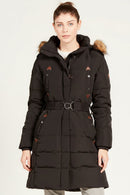 Aigle ladies duck down jacket, dark front with fur-trimmed hood and belt