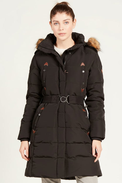 Aigle ladies duck down jacket, dark front with fur-trimmed hood and belt