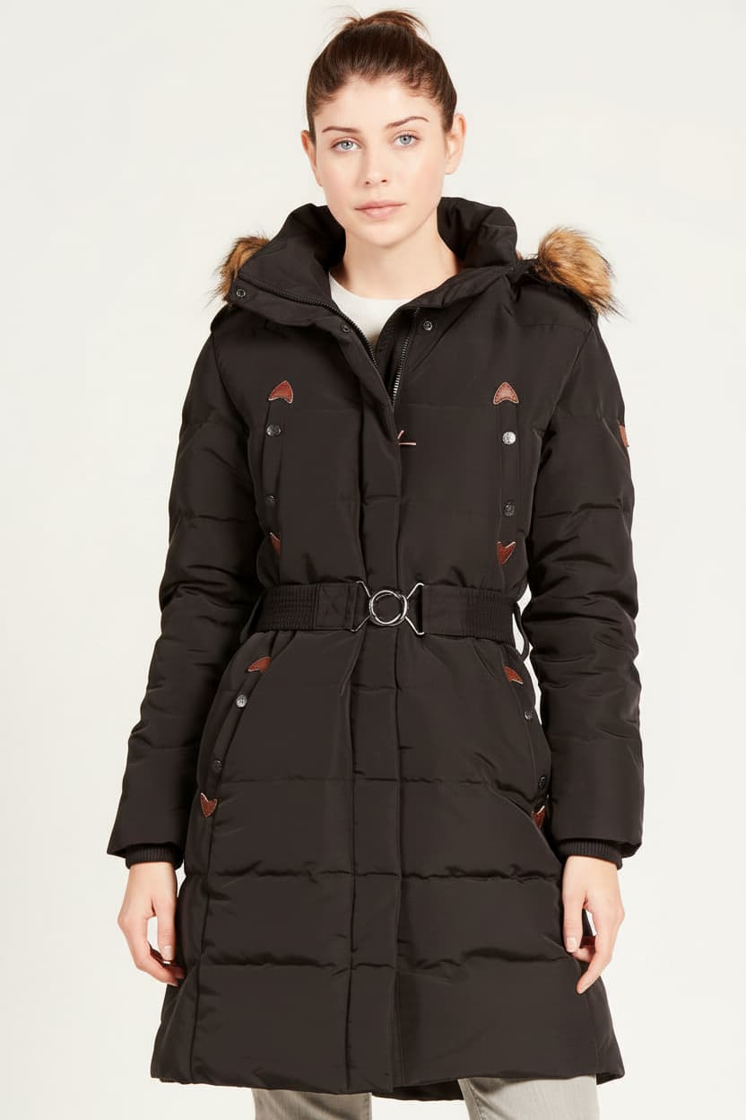 Aigle ladies duck down jacket, dark front with fur-trimmed hood and belt