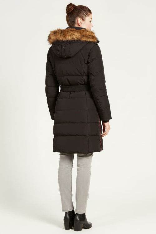 Aigle ladies duck down jacket, dark coat with fur-trimmed hood, back view
