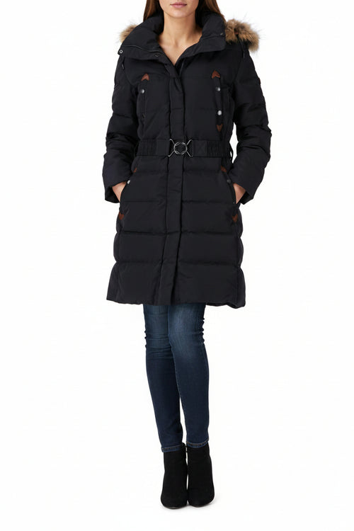 Women’s dark belted puffer coat with hood and faux fur trim, front zip pockets