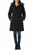 Women’s dark puffer duck down coat with hood and faux fur trim, belted waist