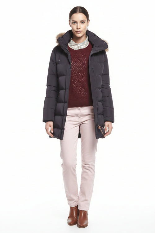 Aigle ladies dark down jacket with hood, front zip, fur-trimmed collar