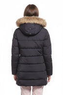 Women’s down jacket with fur-trimmed hood, quilted puffer in dark navy