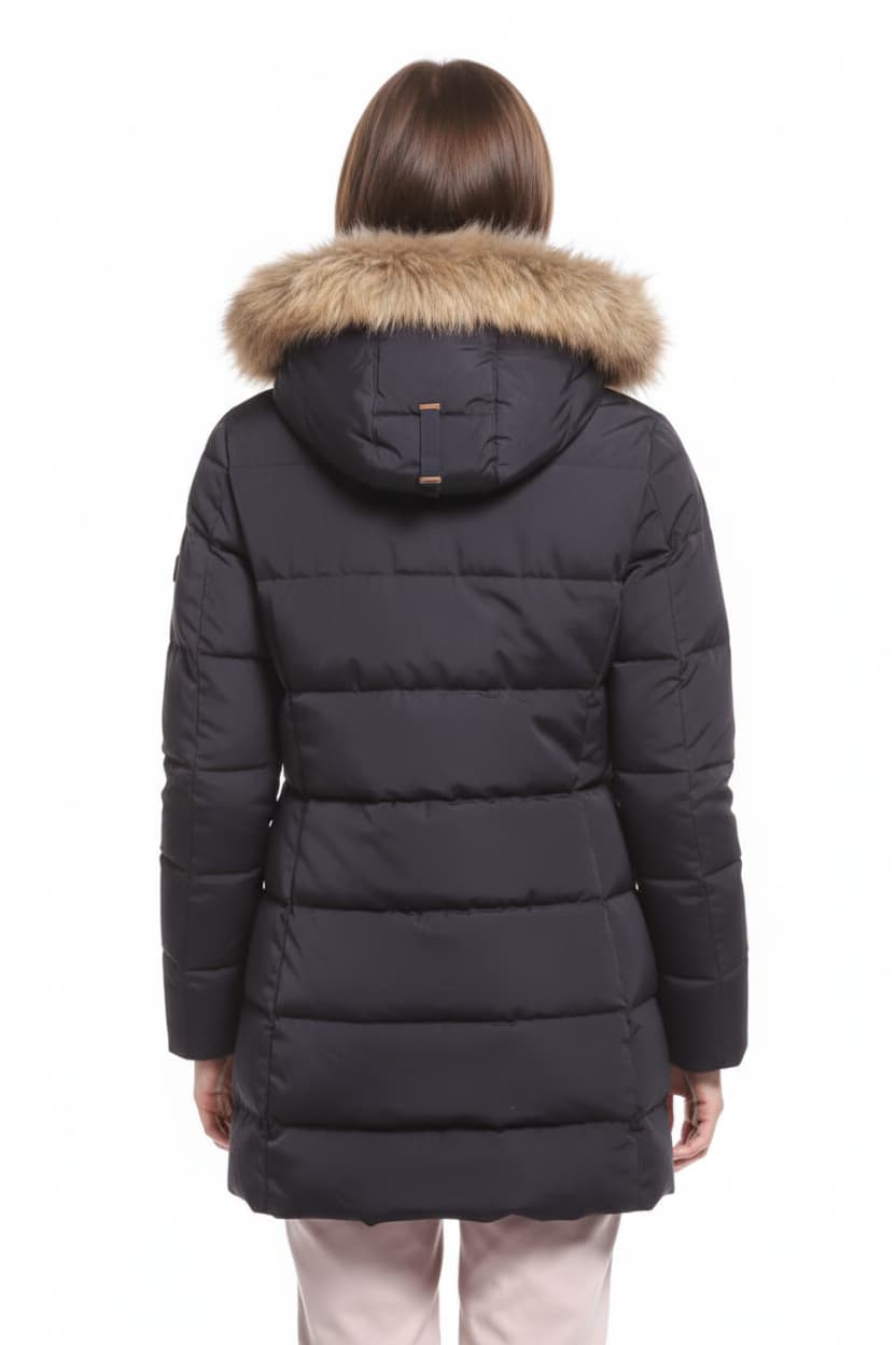 Women’s down jacket with fur-trimmed hood, quilted puffer in dark navy