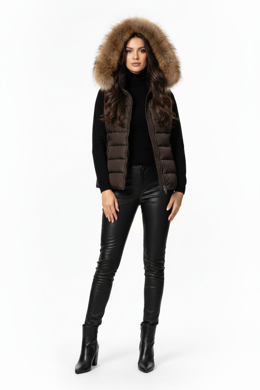 Ladies dark puffer waistcoat with faux-fur hood trim, zip front, side pockets