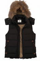Dark puffer waistcoat with faux-fur trimmed hood, sleeveless, snap-button shoulders