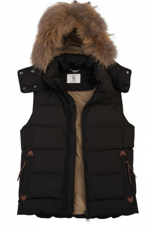 Dark puffer waistcoat with faux-fur trimmed hood, sleeveless, snap-button shoulders