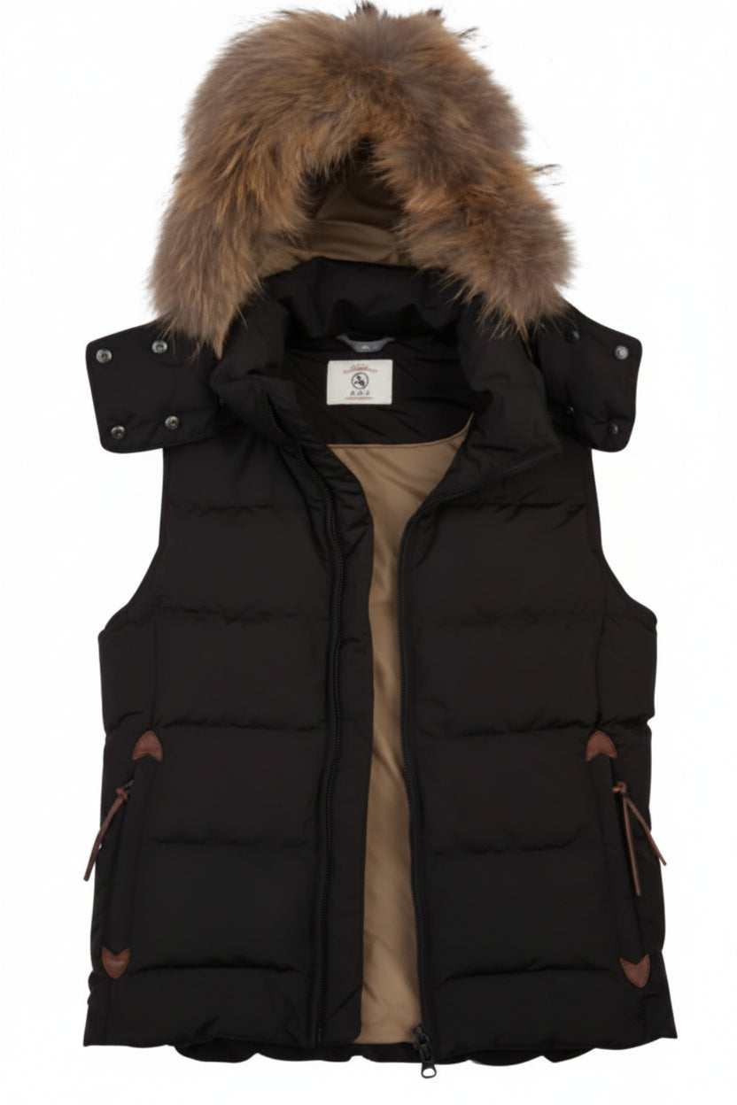 Dark puffer waistcoat with faux-fur trimmed hood, sleeveless, snap-button shoulders