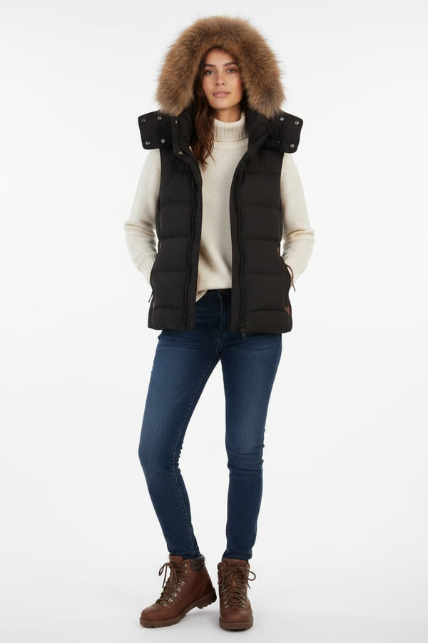 Women's black padded waistcoat with fur-trimmed hood and snap pockets