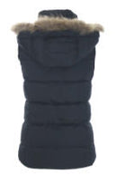 Dark navy quilted hooded gilet back view with faux-fur trim and padded stitching