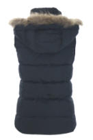 Dark navy quilted hooded gilet back view with faux-fur trim and padded stitching