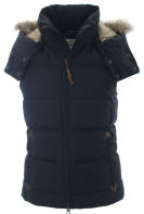 Dark navy quilted hooded gilet front view with faux-fur trim and stand collar