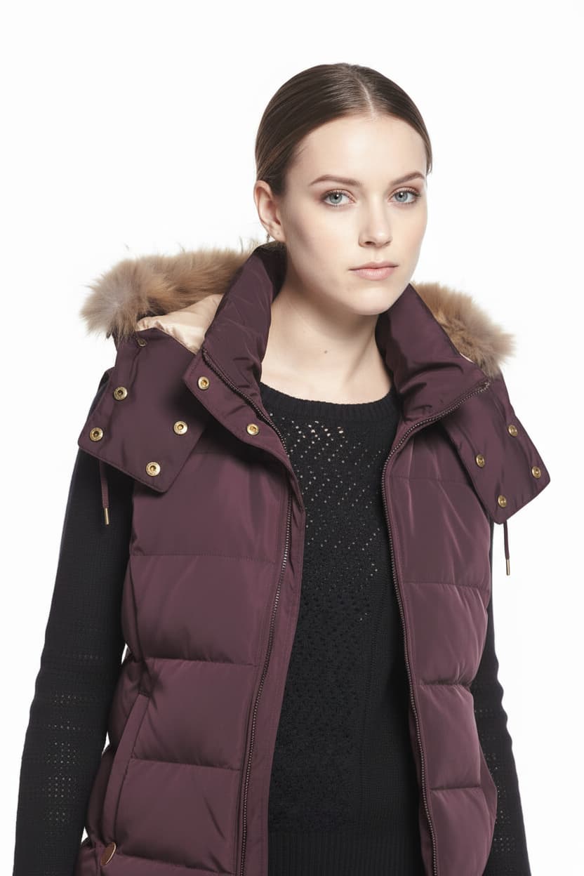 Aigle ladies quilted puffer gilet with faux fur trim, maroon, gold buttons