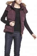 Women's maroon puffer gilet with fur-trim hood, gold-tone snap buttons, quilted front