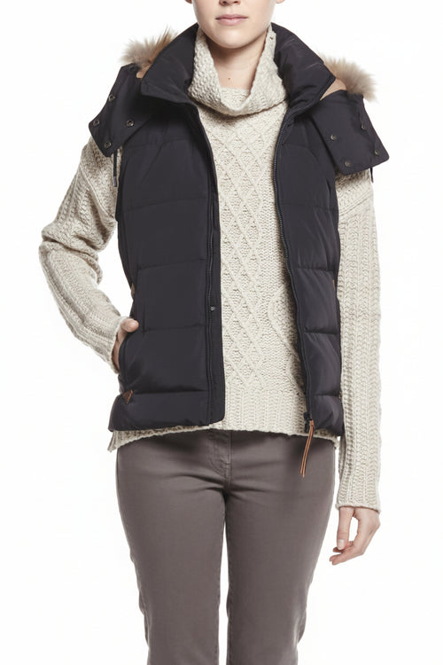 Aigle dark navy quilted gilet with faux-fur trimmed hood and front zip