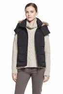 Aigle dark navy quilted gilet with faux-fur hood, stand collar, and front zip