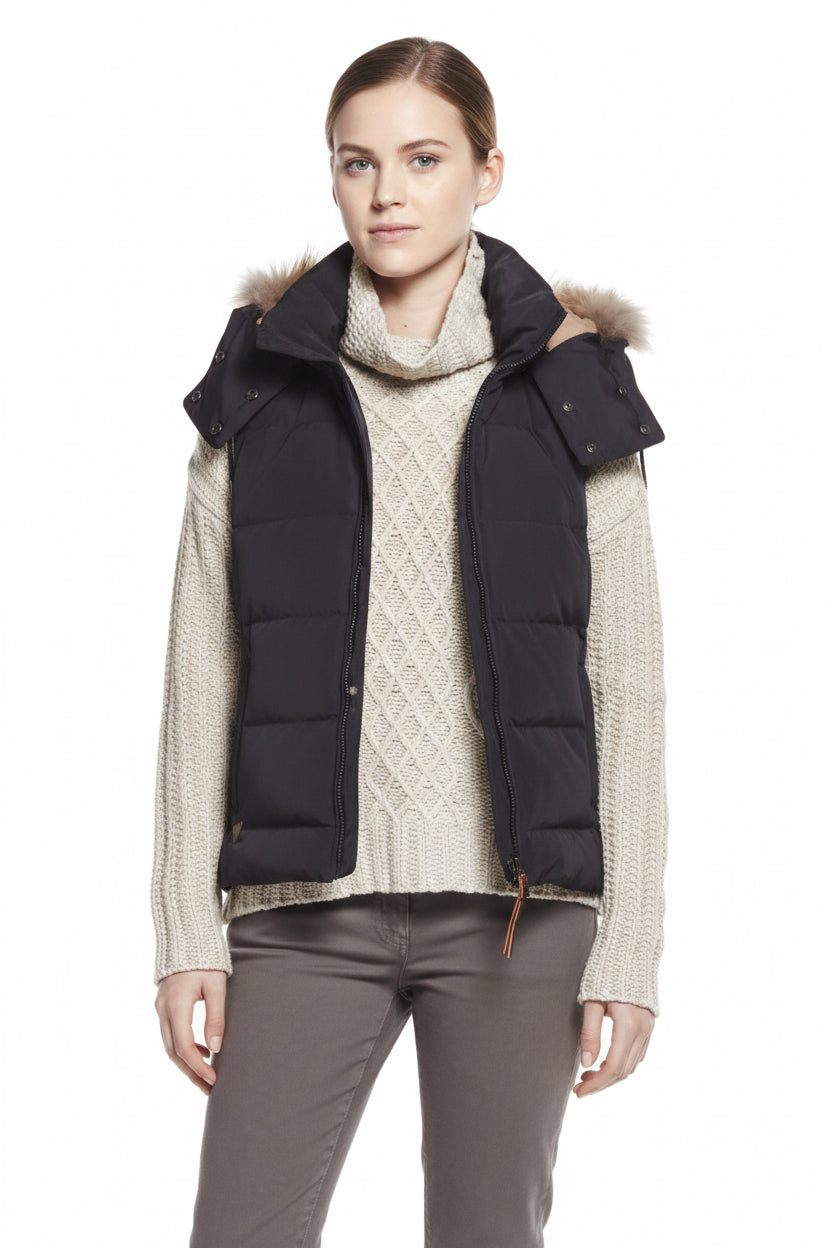 Aigle dark navy quilted gilet with faux-fur hood, stand collar, and front zip