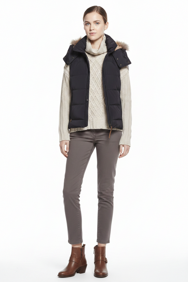 Aigle dark navy quilted gilet with faux-fur hood, zip front, and side pockets