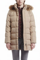 Women’s beige down jacket with hood and faux-fur trim, zip front, side pockets