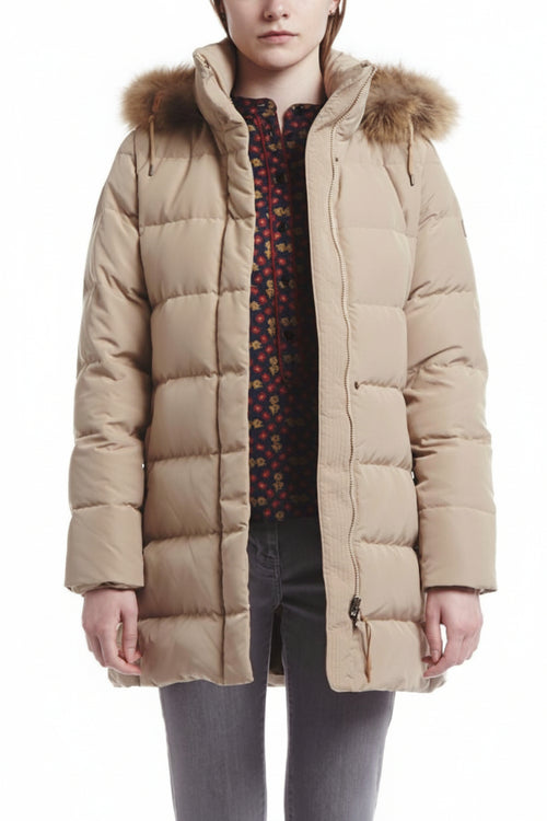 Women’s beige down jacket with hood and faux-fur trim, zip front, side pockets