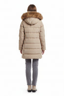 Back view of women’s beige down jacket with hood and faux-fur trim, quilted panels