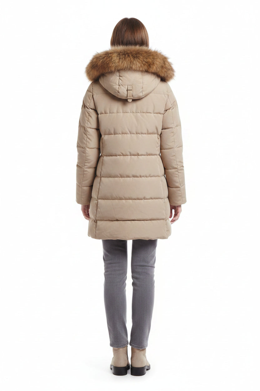 Back view of women’s beige down jacket with hood and faux-fur trim, quilted panels