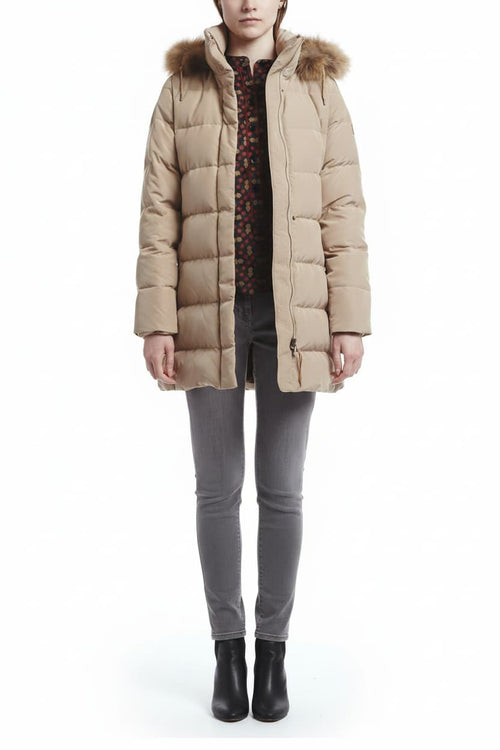 Beige women's down puffer jacket with fur-trim hood, front zipper and side pockets