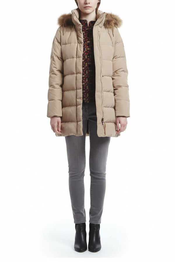 Beige women's down puffer jacket with fur-trim hood, front zipper and side pockets