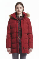 Bordeaux quilted ladies down jacket with faux-fur hood, front zip, side pockets