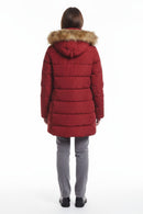 Bordeaux women's duck down puffer jacket with fur-trim hood, long length