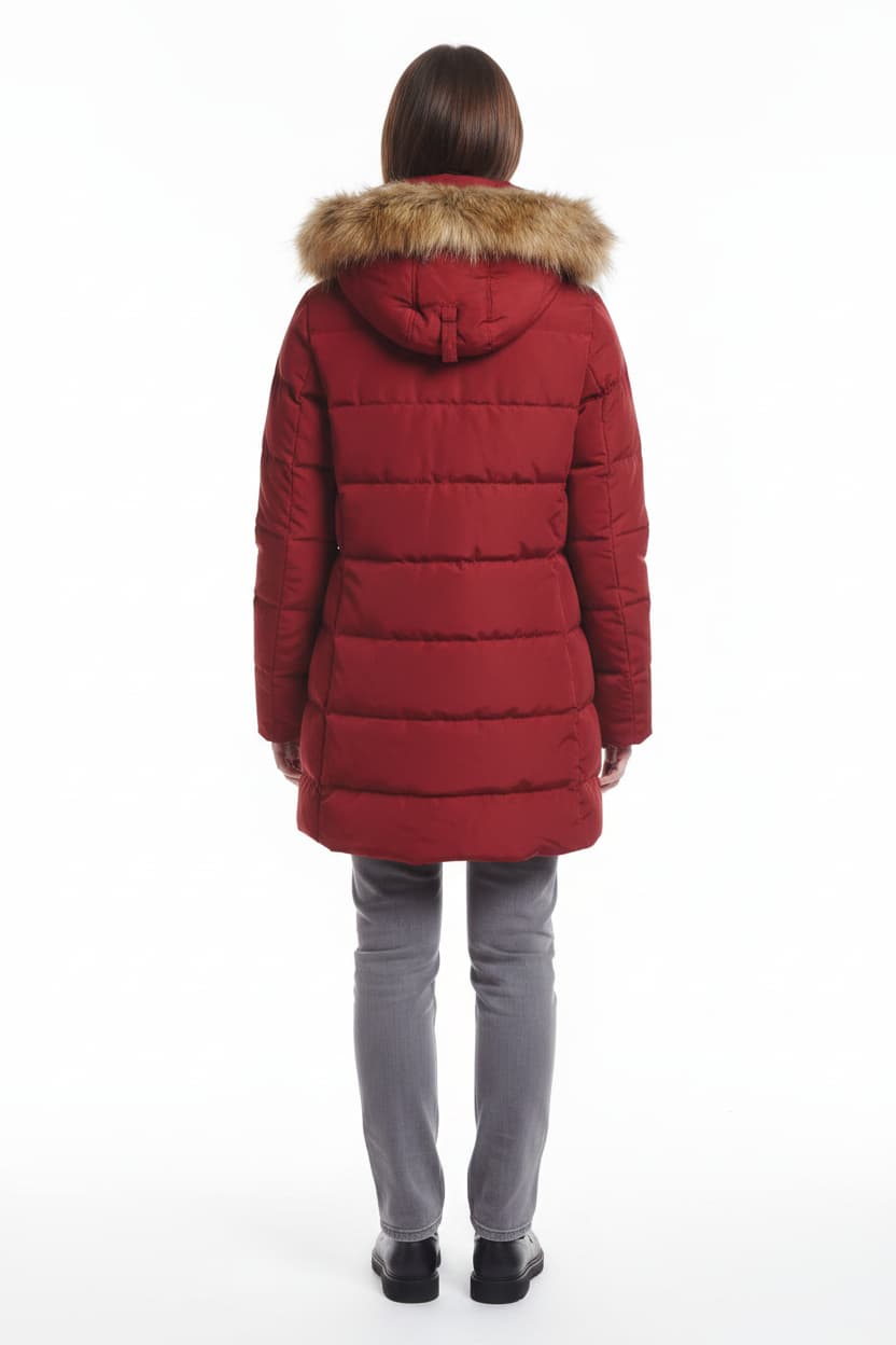 Bordeaux women's duck down puffer jacket with fur-trim hood, long length