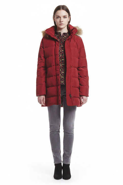 Bordeaux puffer down jacket for women with faux-fur trimmed hood and long sleeves