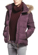 Women's padded jacket with fur-trim hood, dark plum, front zipper and pockets
