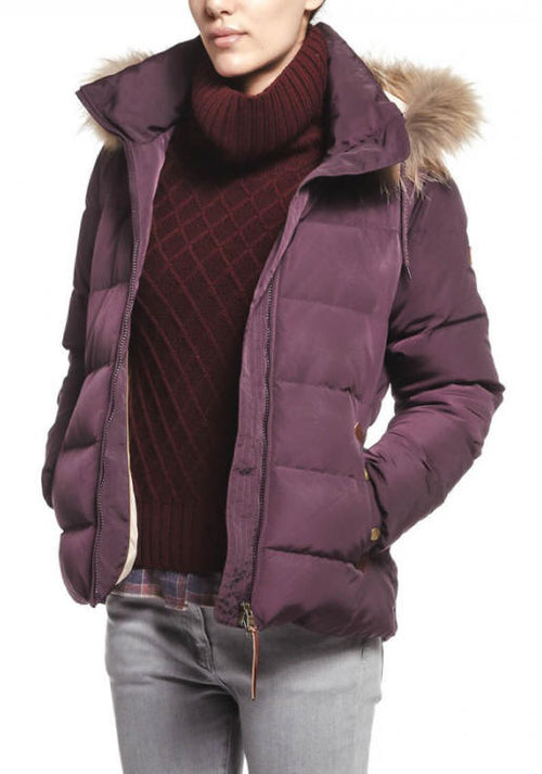Women's plum puffer jacket with fur-trim collar, full zip front, side pockets