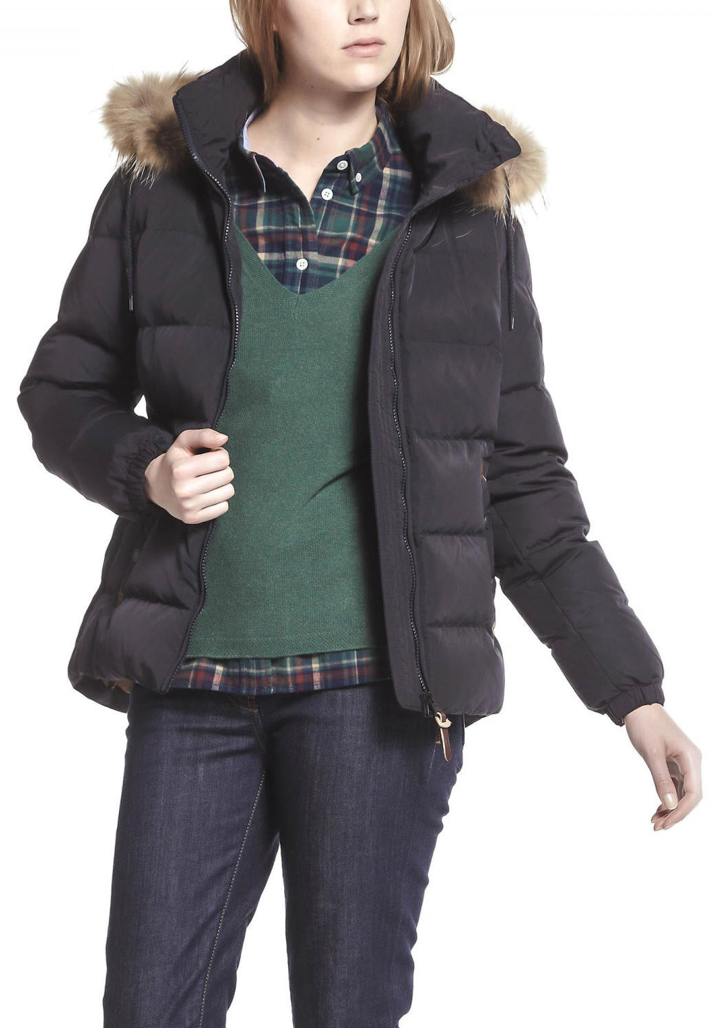 Dark navy quilted puffer jacket with faux fur trimmed hood and zip closure